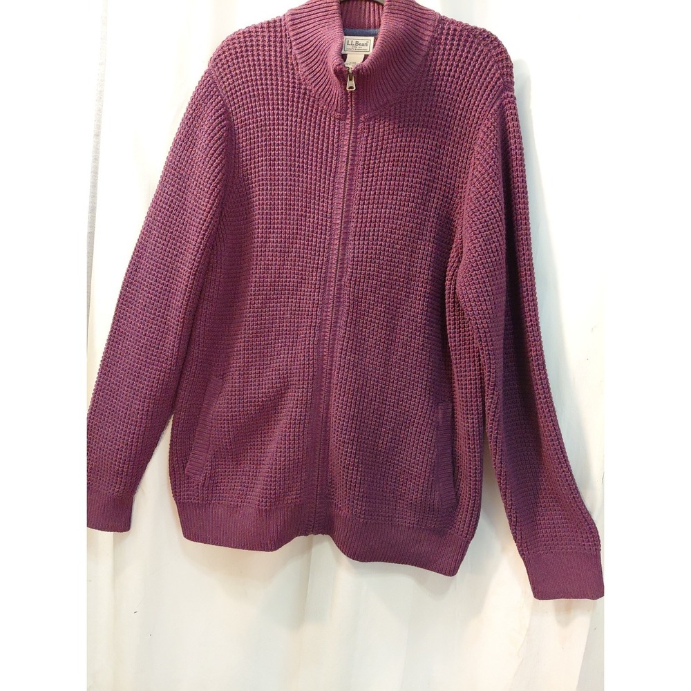 VTG L.L.Bean Men's Waffle-Knit Organic Cotton Full Zip Cardigan Sweater  XL